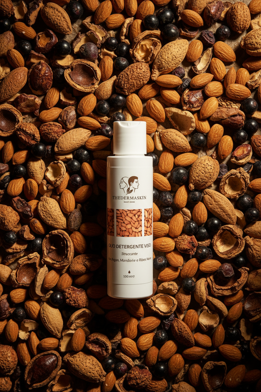 Olio Detergente Viso Thedermaskin – dettaglio flacone struccante con olio di argan bio
