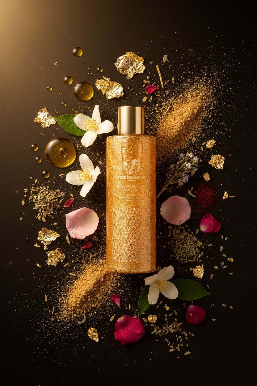 Olio corpo Glow Gold Thedermaskin – texture dorata su pelle, pigmenti oro 24K made in Italy
