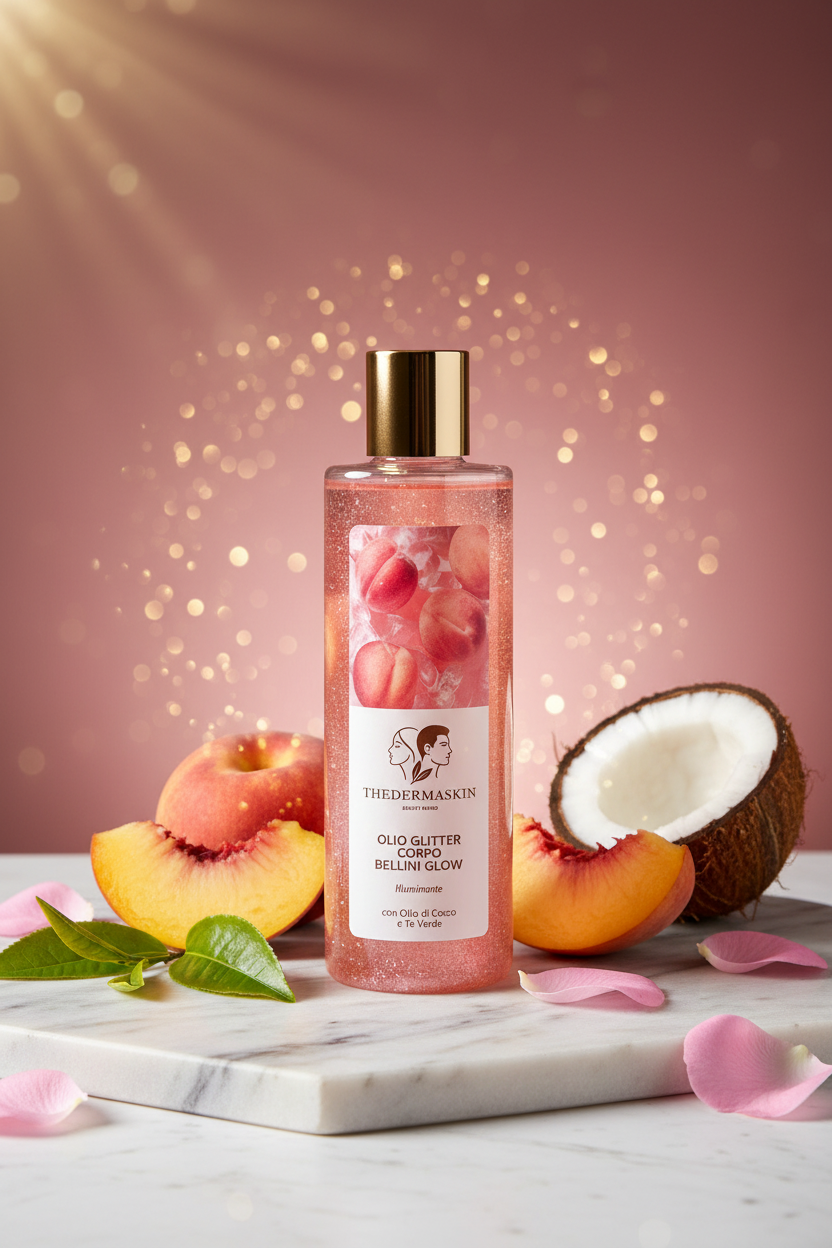 Olio corpo glitter Thedermaskin – effetto glow luminoso con olio di cocco bio e tè verde

