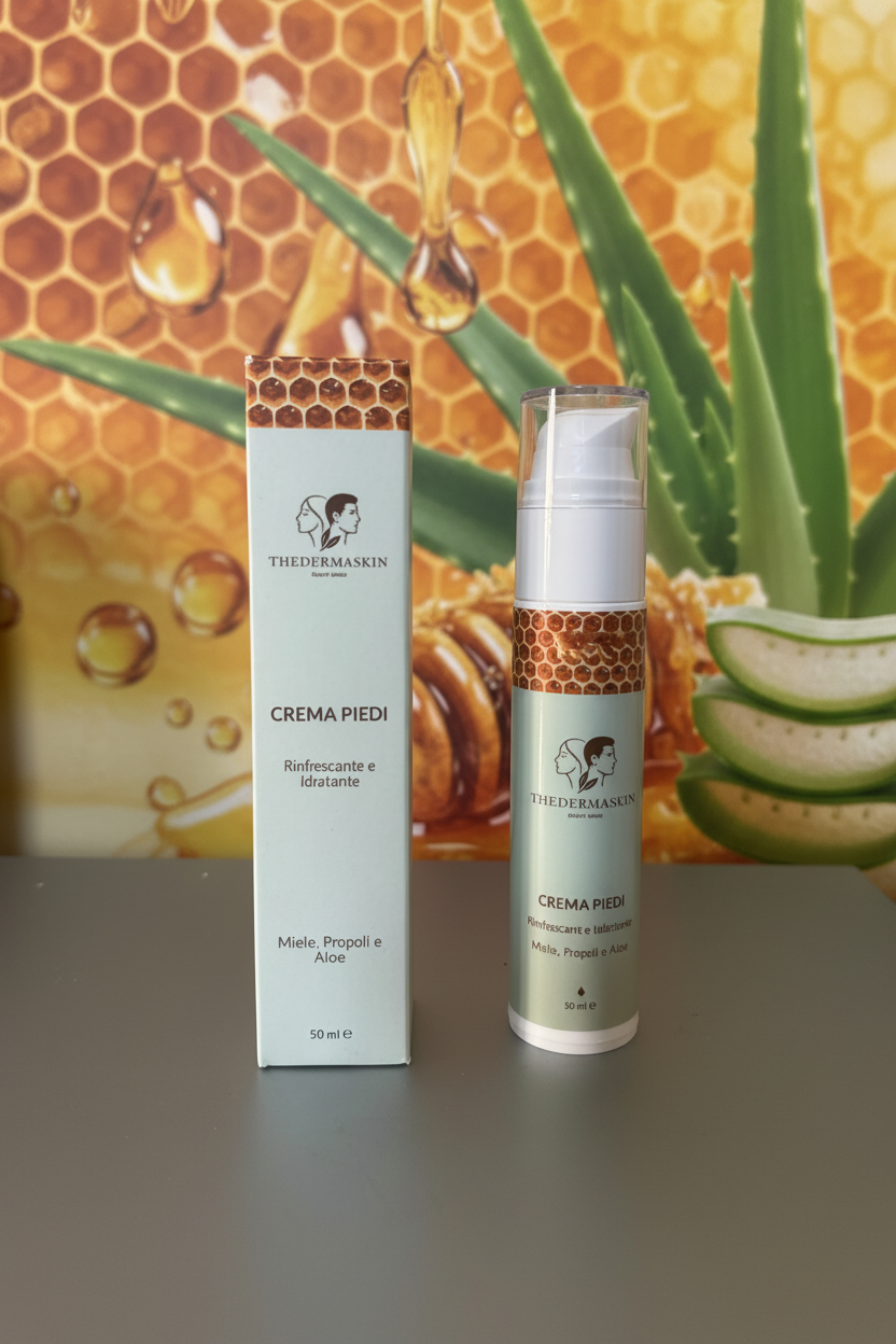 Crema Piedi Rinfrescante Thedermaskin – applicazione crema idratante piedi con miele e aloe
