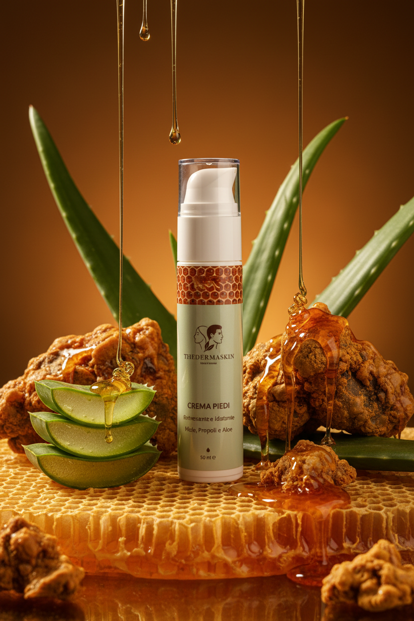 Crema Piedi Idratante Thedermaskin – dettaglio tubetto crema piedi miele e propoli
