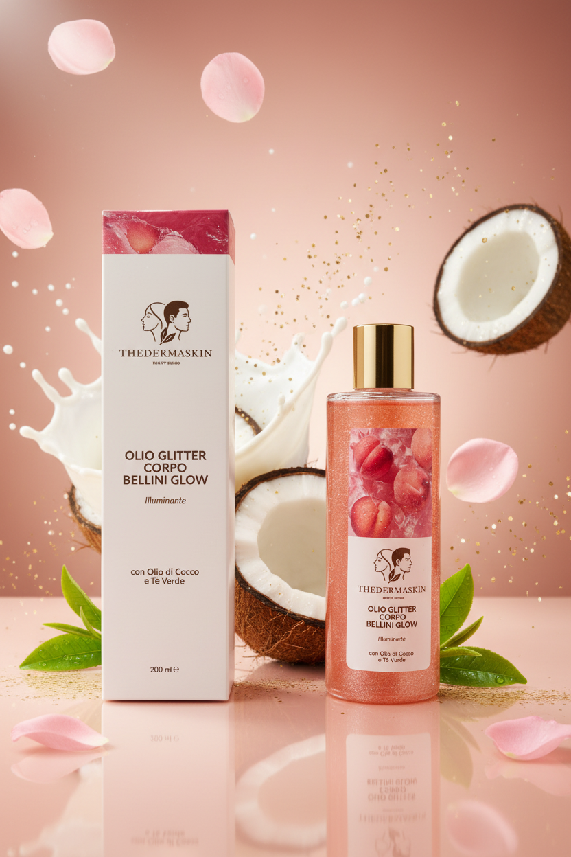 Olio glitter corpo Bellini Thedermaskin 200ml – texture olio con olio di cocco e tè verde
