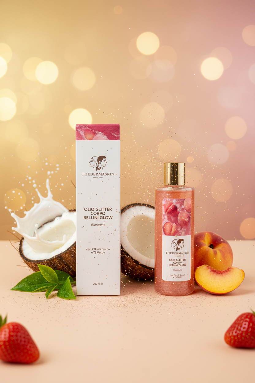 Olio Glitter Corpo Bellini Glow Thedermaskin – applicazione olio illuminante con glitter dorati
