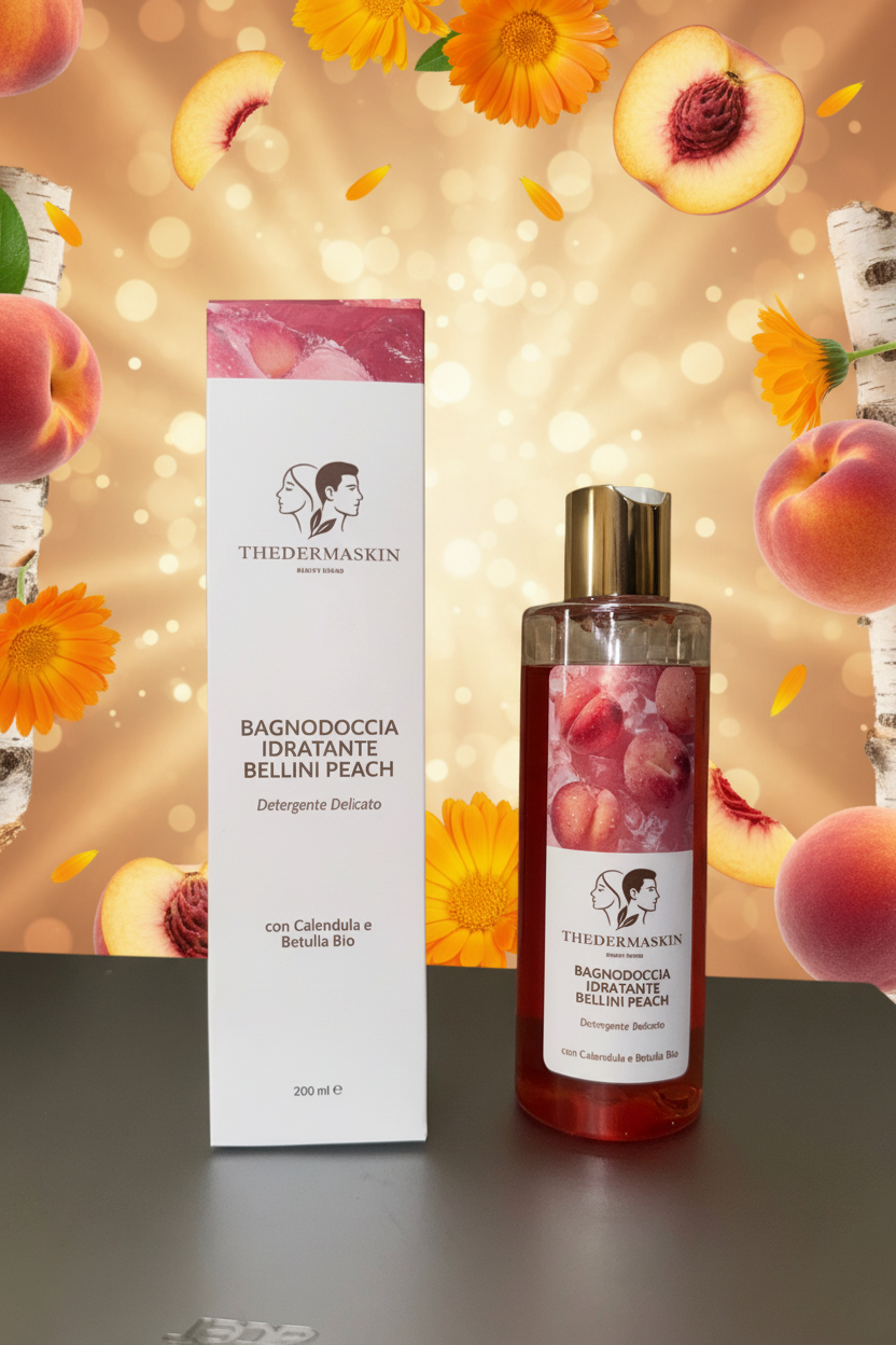 Bagnodoccia Bellini Peach Thedermaskin – dettaglio flacone doccia gel con calendula bio

