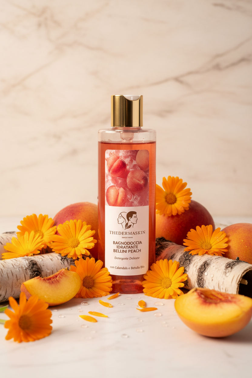 Gel doccia Bellini Peach Thedermaskin – schiuma delicata con betulla bio e calendula
