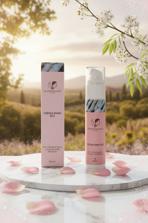 Crema Mani B12 Thedermaskin – applicazione crema mani con vitamina rosa e manna delle Madonie
