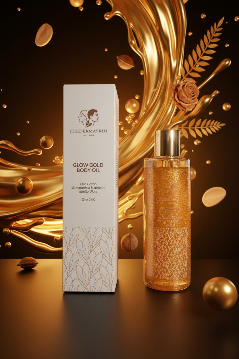 Glow Gold Body Oil Thedermaskin – applicazione olio corpo illuminante effetto glow dorato
