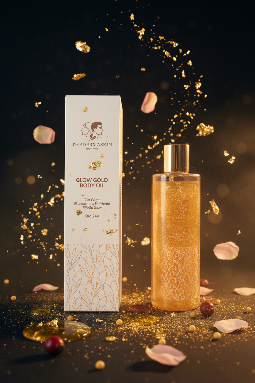 Glow Gold Body Oil 200ml Thedermaskin – dettaglio flacone olio illuminante corpo nutriente
