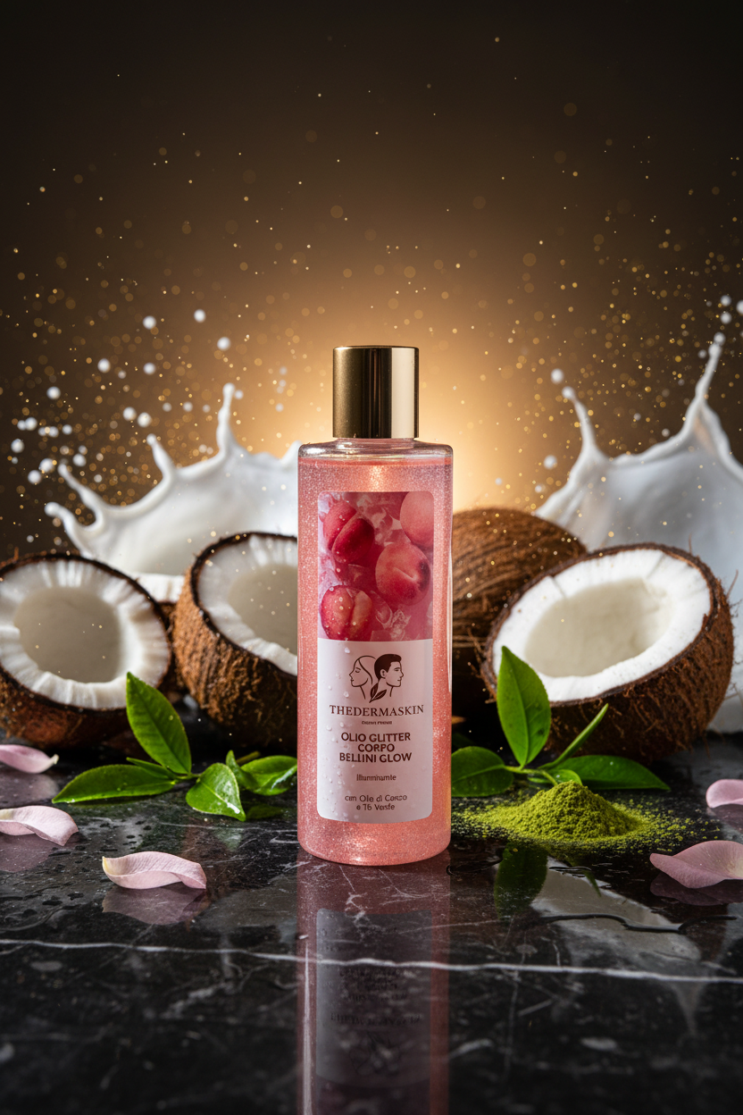 Olio Glitter Corpo Bellini Thedermaskin – applicazione su pelle per effetto luminoso e dorato
