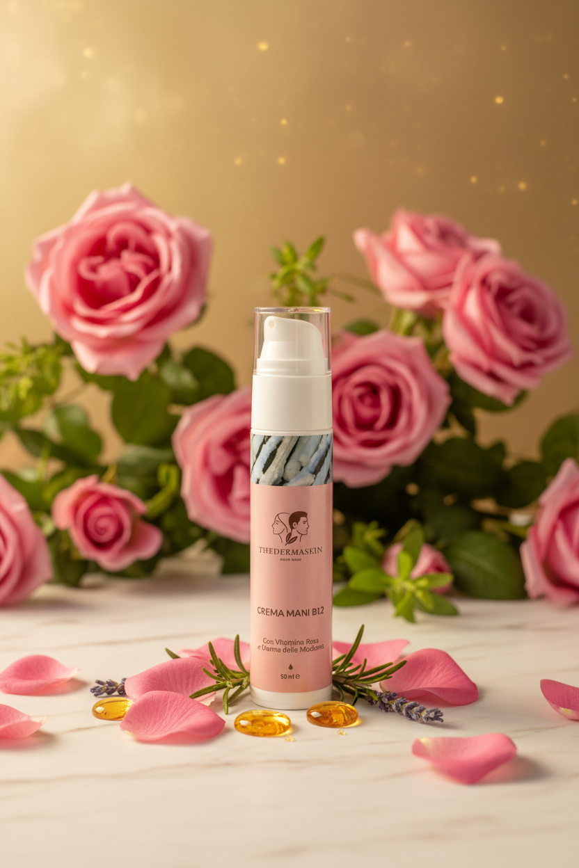 Crema Mani B12 Thedermaskin – dettaglio tubetto crema mani vitamina rosa made in Italy
