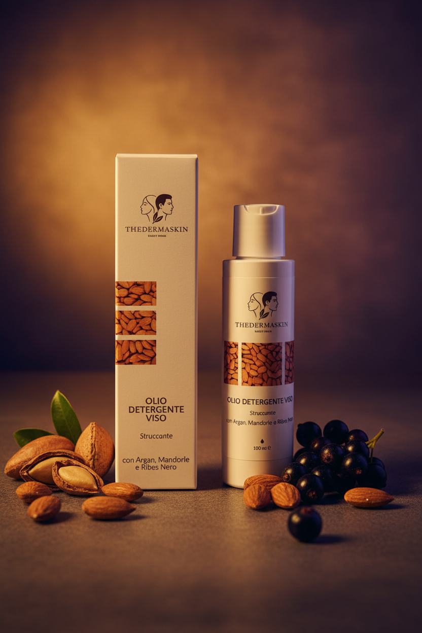 Olio Detergente Viso Thedermaskin – struccante con argan e mandorle, applicazione su viso
