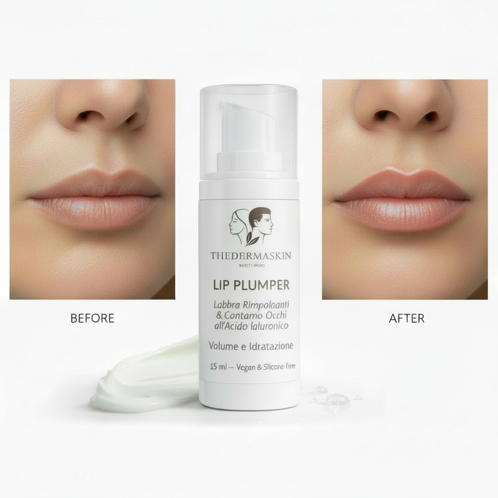 Lip Plumper Acido Ialuronico prima e dopo labbra Thedermaskin