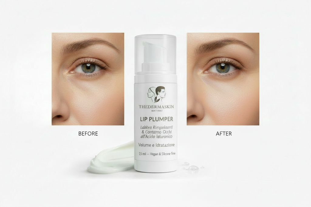 Lip Plumper Acido Ialuronico Prima e dopo contorno occhi Thedermaskin 