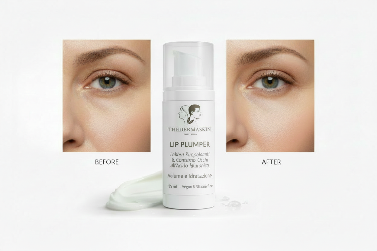 Lip Plumper Acido Ialuronico Prima e dopo contorno occhi Thedermaskin 