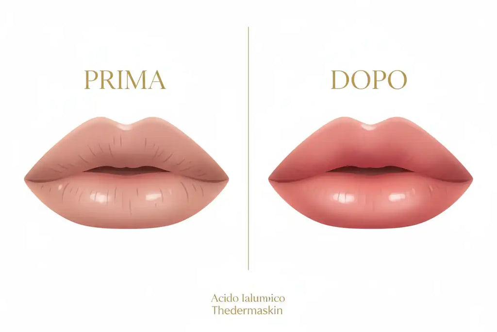 Prima e dopo lip plumper acido ialuronico Thedermaskin – effetto rimpolpante labbra visibile